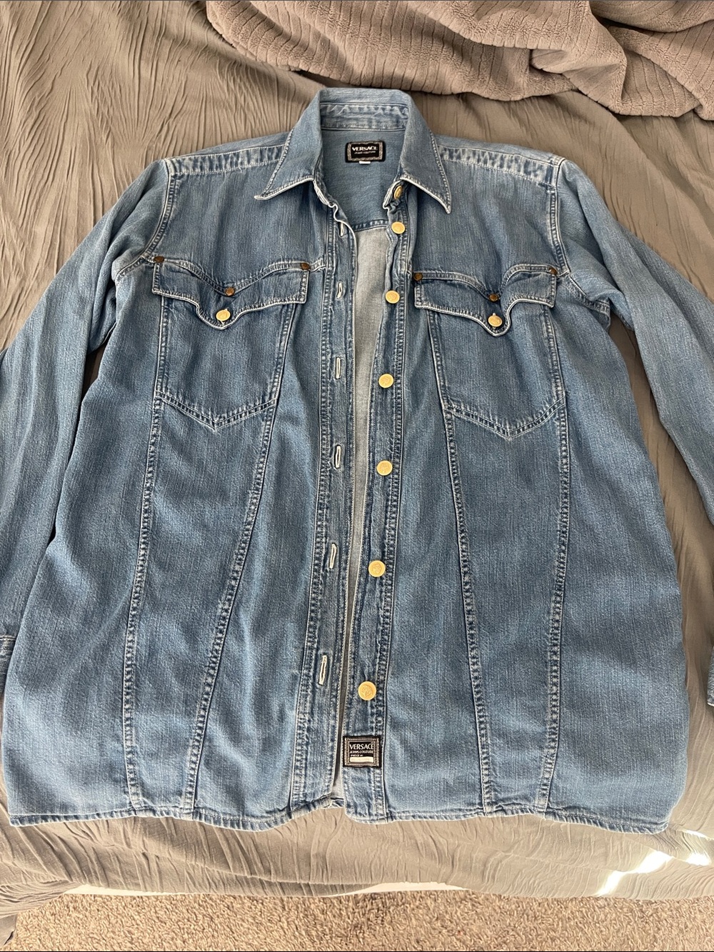 Versace Light Blue Denim Shirt Jacket with Gold Buttons